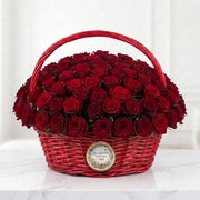 Scarlet Prestige Basket of 100 Red Roses